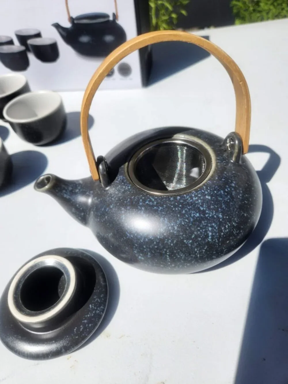 New Chinese Teapot Set Gray Speckled  Tea Cups Strainer Tea Pot